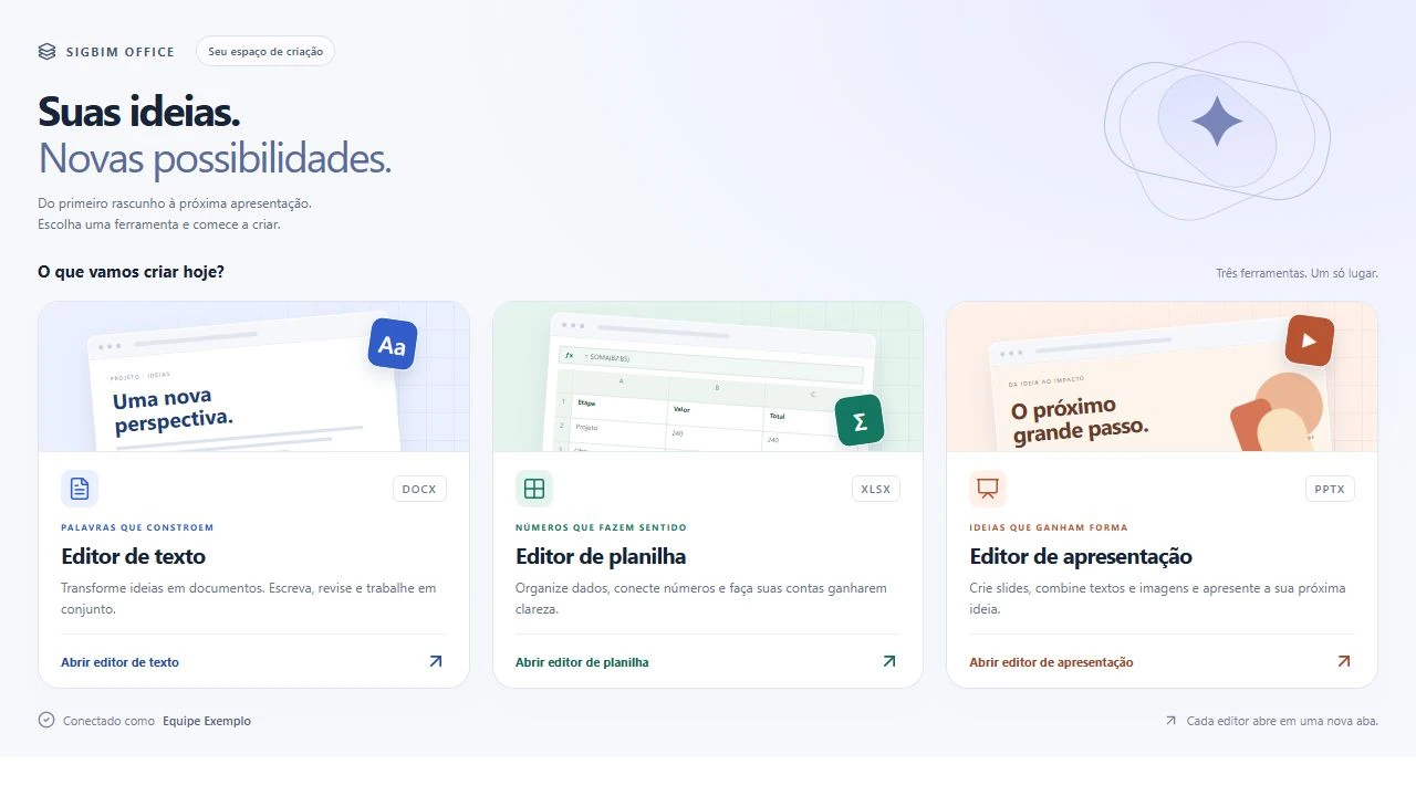 Tela do SIGBIM Office com documentos, planilhas e apresentações, em uma sessão de demonstração