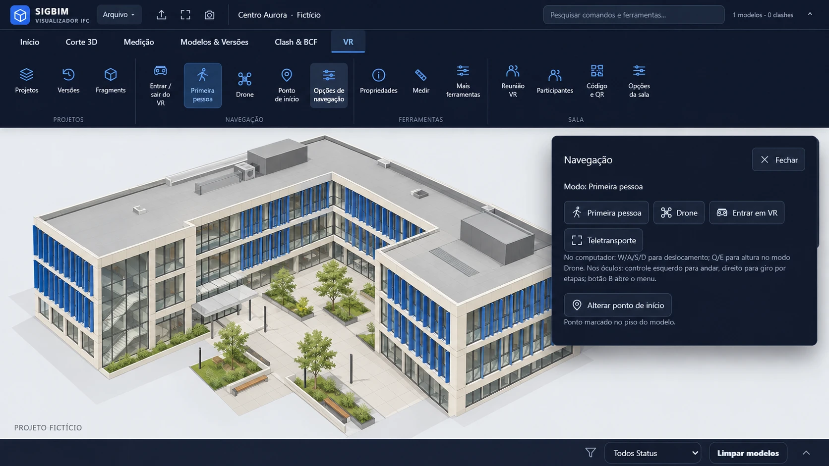 Interface do visualizador SIGBIM com o Centro Aurora, um projeto inteiramente fictício